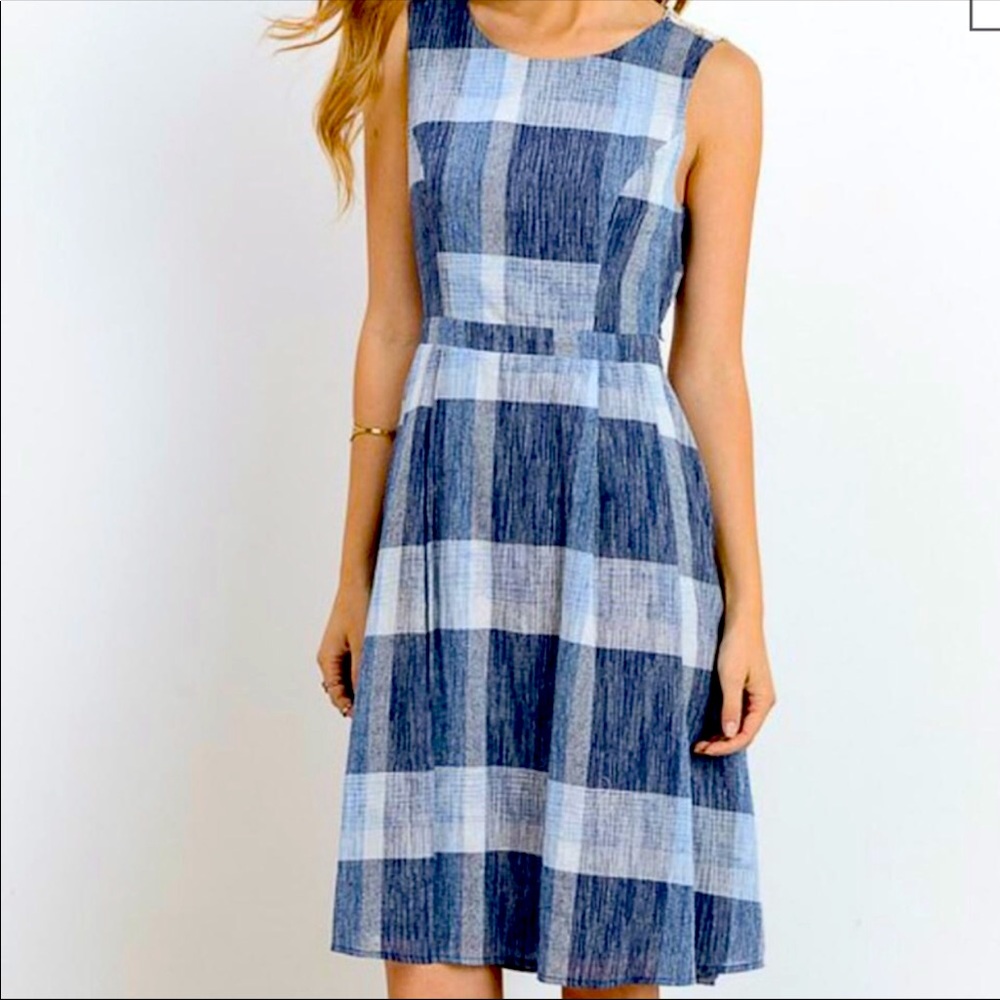Doe & Rae Blue & White Plaid A-line Chambray Midi Cut Out Back M